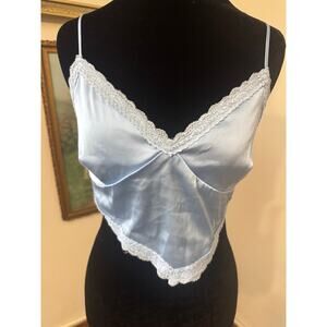 Blue Satin Lace Trim Handkerchief Hem Cami Y2K Smocked Back Small